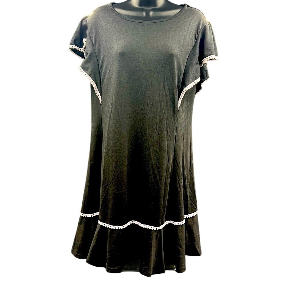 Manydress Women Black A-Line Ruffle Hem Pom Pom Trim Flutter Sleeve Dress Large